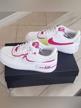 Nike W AF1 Shadow White with Pink and Neon Yellow Trim